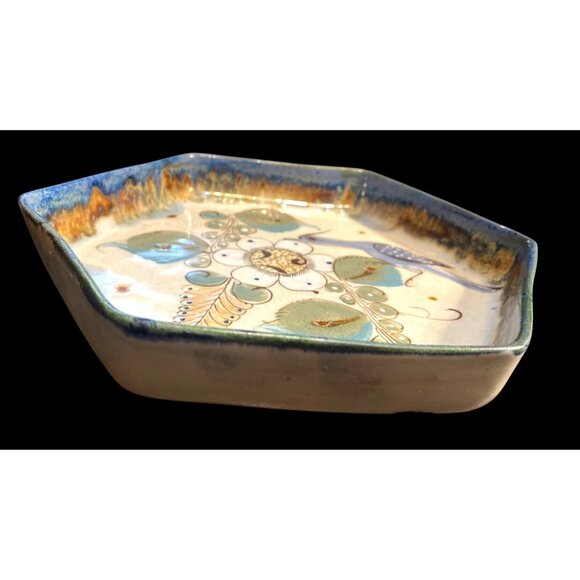 Handcrafted Ken Edwards Pottery Mexico Hexagonal Tonala Plate Bird Floral - Picture 3 of 5